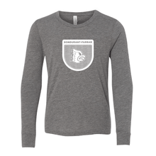 Load image into Gallery viewer, Bluejays Shield - Long Sleeve Crewneck T-Shirt - Youth-Soft and Spun Apparel Orders
