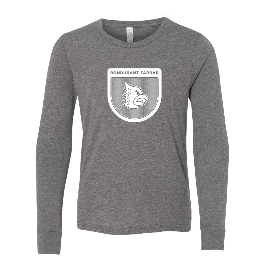 Bluejays Shield - Long Sleeve Crewneck T-Shirt - Youth-Soft and Spun Apparel Orders