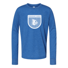 Load image into Gallery viewer, Bluejays Shield - Long Sleeve Crewneck T-Shirt - Youth-Soft and Spun Apparel Orders
