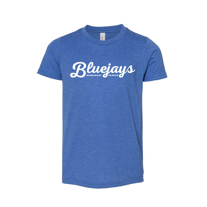 Bluejays Script - Crewneck T-Shirt - Youth-Soft and Spun Apparel Orders