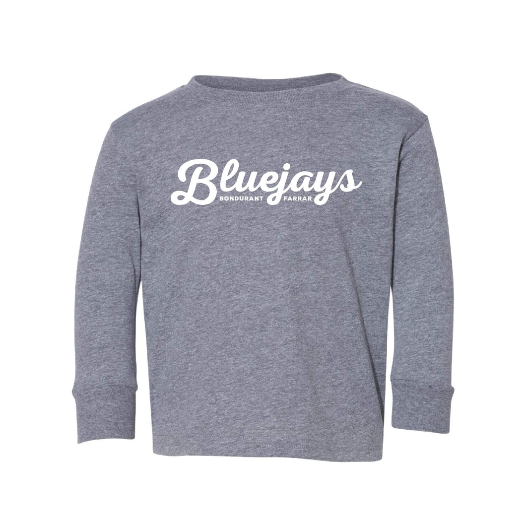 Bluejays Script - Long Sleeve Crewneck T-Shirt - Toddler-Soft and Spun Apparel Orders
