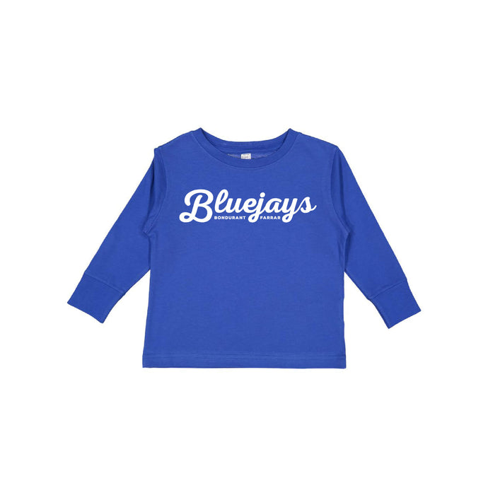 Bluejays Script - Long Sleeve Crewneck T-Shirt - Toddler-Soft and Spun Apparel Orders