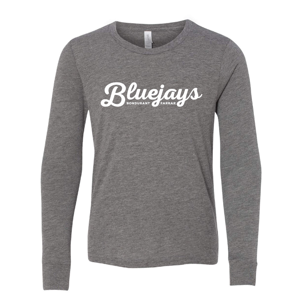 Bluejays Script - Long Sleeve Crewneck T-Shirt - Youth-Soft and Spun Apparel Orders