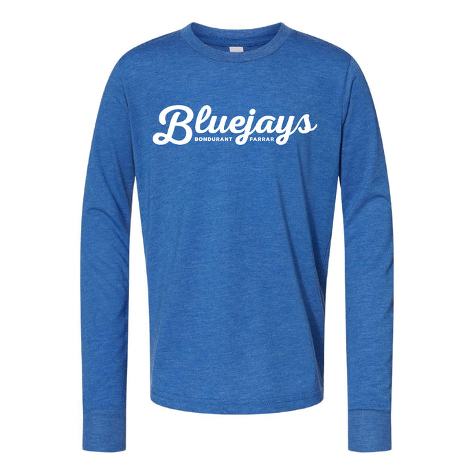 Bluejays Script - Long Sleeve Crewneck T-Shirt - Youth-Soft and Spun Apparel Orders