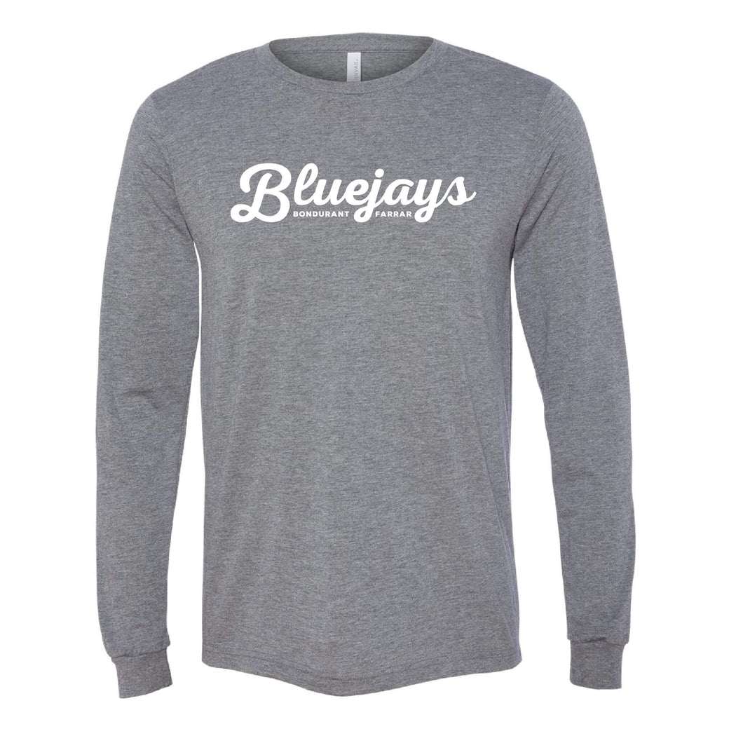 Bluejays Script - Long Sleeve Crewneck T-Shirt - Adult-Soft and Spun Apparel Orders