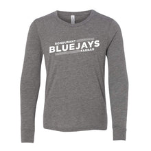 Load image into Gallery viewer, Bluejays Slant - Long Sleeve Crewneck T-Shirt - Youth-Soft and Spun Apparel Orders
