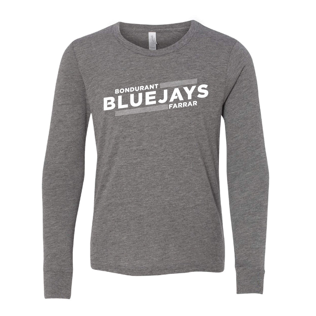 Bluejays Slant - Long Sleeve Crewneck T-Shirt - Youth-Soft and Spun Apparel Orders