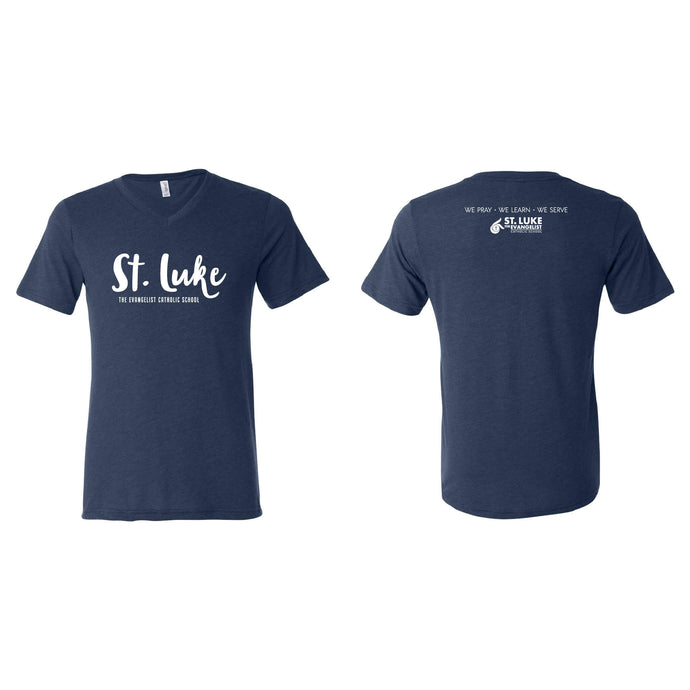 Saint Luke Script V-Neck T-Shirt - Adult-Soft and Spun Apparel Orders